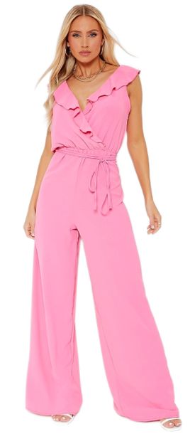 I Saw It First Ladies - Pink V Neck Frill Detail Wide Leg Jumpsuit ...
