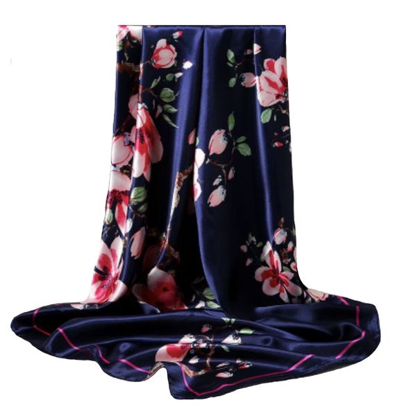 Lady's Satin Silk Scarf with Various Flowers - Blue/Gold