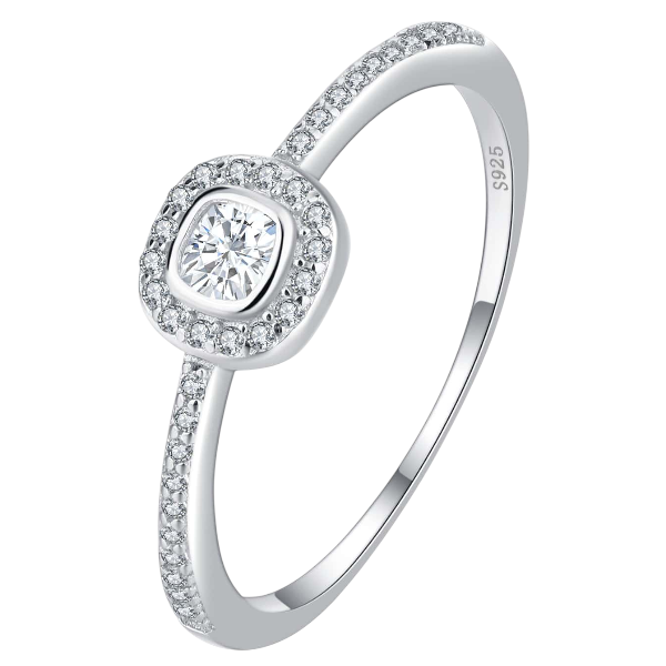 Cushion Halo Engagement Ring With Round Cut Center Stone - Silver
