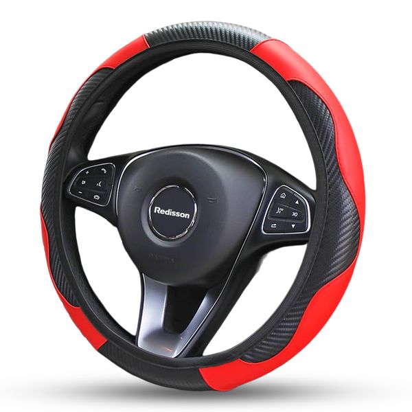 Steering Wheel Cover, Universal 38.1cm, Carbon Fiber &amp; PU Leather