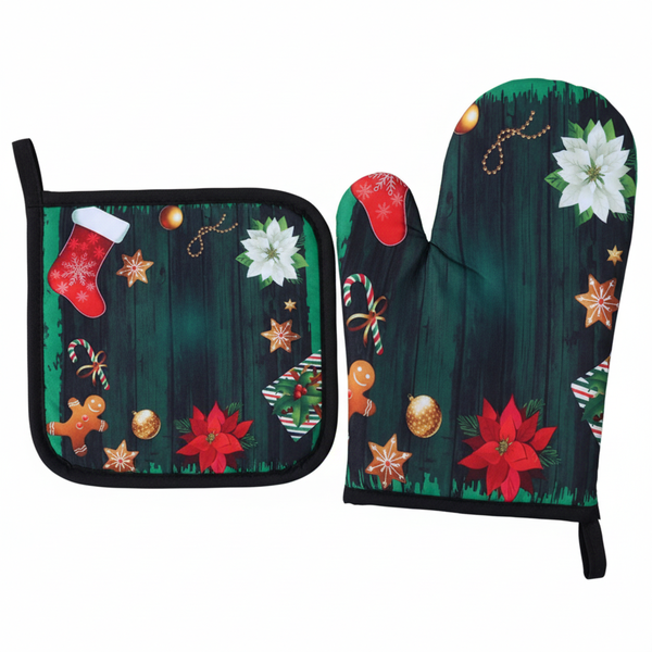 Christmas Themed Design Oven Mitt &amp; Pot Holder Set - Green - 2 Piece
