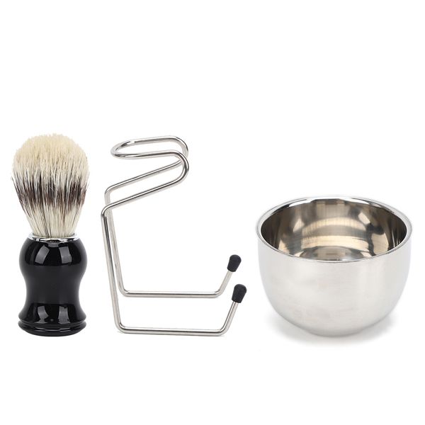 3 piece Shaving Tool Kit Brush with Stainless Steel Bowl Bracket Stand
