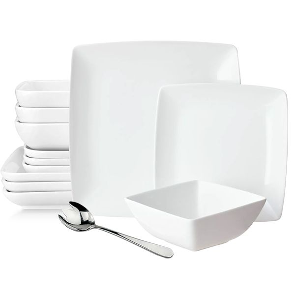 13 Piece Set - Modern Square White Dinnerware Plate, Dessert Plate, Bowls