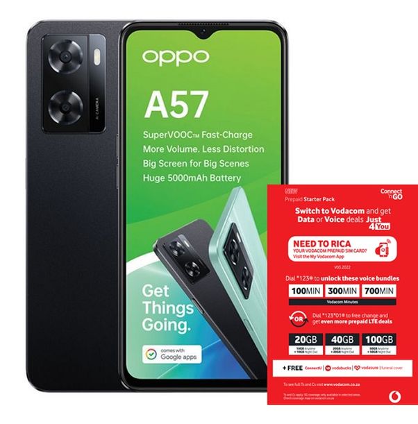 OPPO A57 64GB Dual Sim - Glowing Black + Vodacom Sim Card Pack