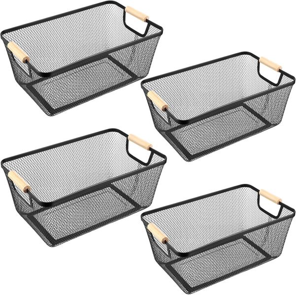Metal Wire Basket with Wooden Handles - 4 Piece