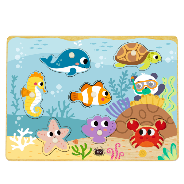 hi Pando - Wooden Pegged Puzzle - Ocean Themed Animals - 8pcs