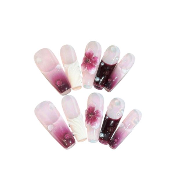 10 Piece - Luxury Floral Design Press-On Nails - Multicolour