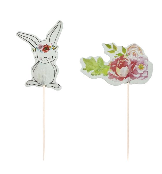 Bunny and Flowers Cupcake Toppers - 24 Toppers