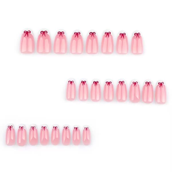 French Minimalist Nail Art With Pink Bow And Almond Shaped False Nails