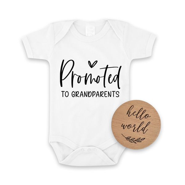 Promoted To Grandparents Pregnancy Announcement Onesie And Hello World Disc
