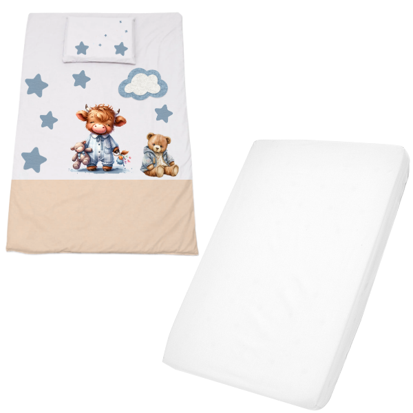 Cot Duvet Cover &amp; Waterproof Fitted Sheet 940 x 660mm Highland Cow Boy