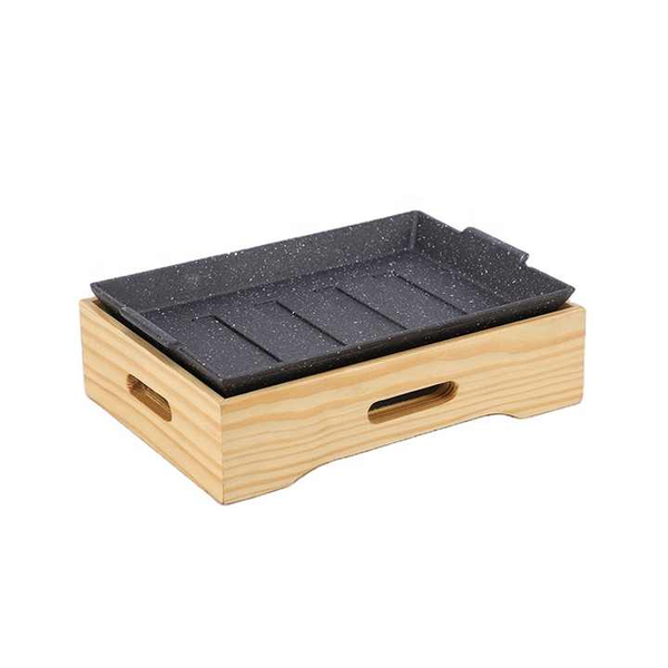 Cast Iron Grill Pan With Wooden Tray Outdoor Griddle Cookware Pan