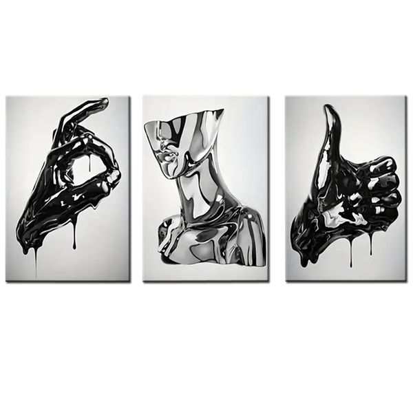 Canvas-Art-3 Pieces Black &amp; White Metal Liqiud Gesture Wall Art