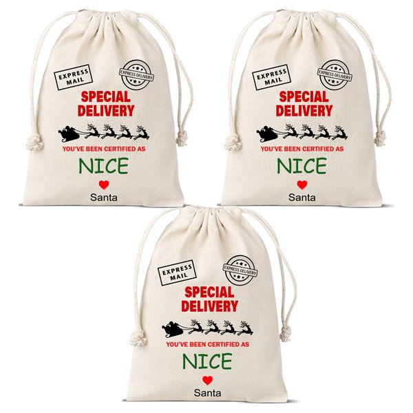 Certified as Nice Christmas gifting drawstring bags santa sacks - set of 3