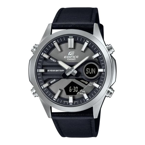 Casio Mens Black Analogue &amp; Digital Leather Strap Watch-EFV-C120L-8ADF