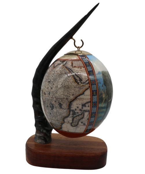 Hand Painted Decorative Ostrich Egg With Springbok Horn Stand