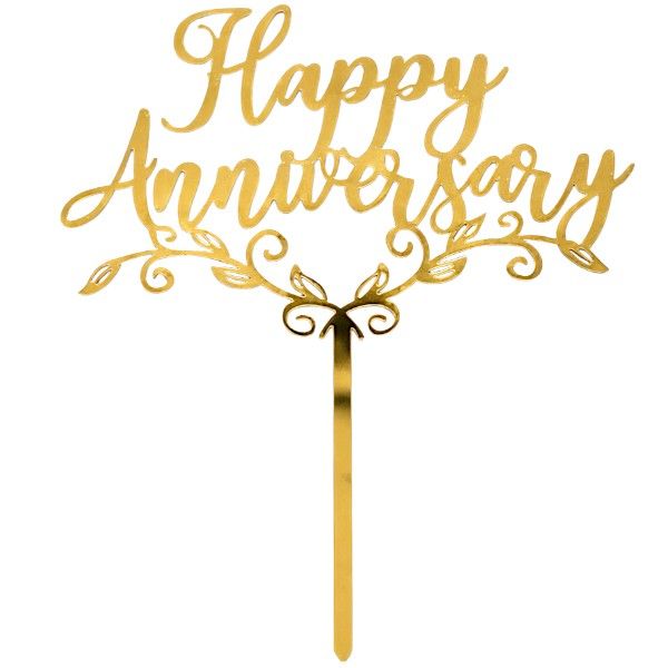 5 Piece - Elegant Happy Anniversary Acrylic Cake Topper - Gold