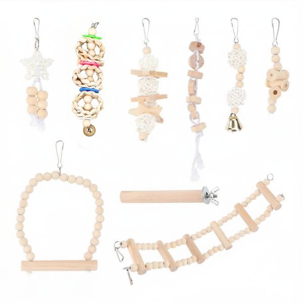 Bestby - 9-Piece Wooden Bird Cage Toys Set Parrot Chew Swing &amp; Climb Toys