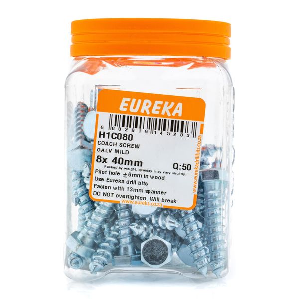 EUREKA Coach Screws Galvanised Mild Steel 8 x 40mm Q:50 H1C080