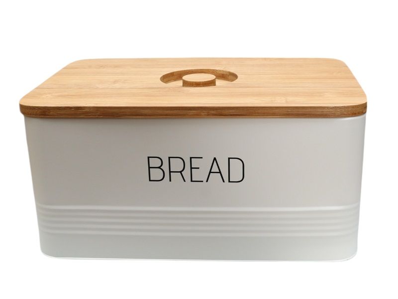 Aqua Metal Cream Bread Box with Bamboo Lid