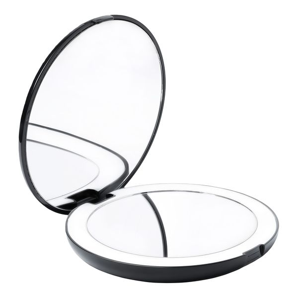 LED Portable Makeup Mirror, 9 cm, 1/10 Times Enlarged, Black, Compact