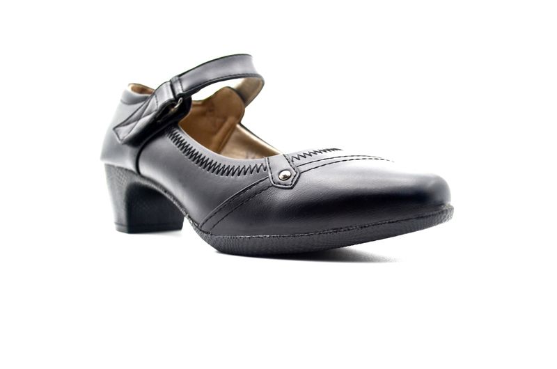 TTP Ladies Block Heel Courts Hook and Loop Strap with Tonal Stitching on Topline - Black - Uk 4