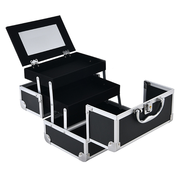 Black/Pink Large-Capacity Portable Aluminum Makeup Case With Mirror