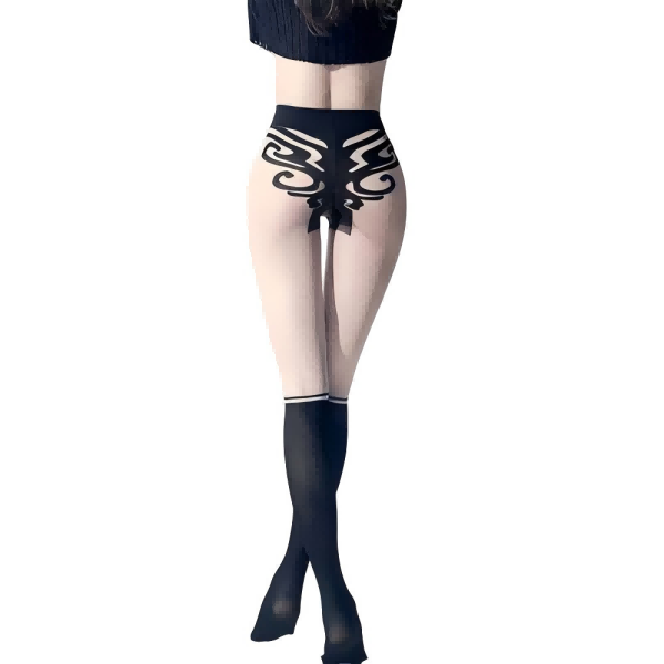 Designs Print Open Crotch Tights Transparent Womens Stockings Black