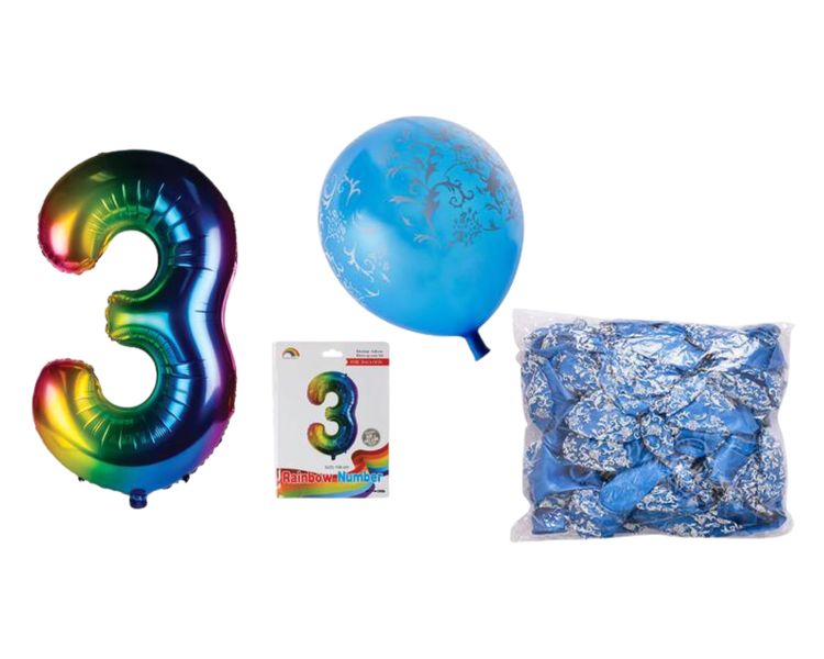 Birthday Age 3 Balloon Rainbow + Blue ballons