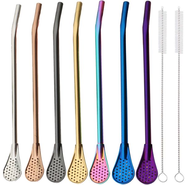 MEBUPOL 7Pieces Reusable Straw Spoon with 2 Cleaning Brush