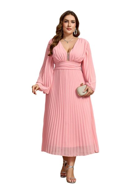 Plus Size V-Neck Long Sleeve Chiffon Dress