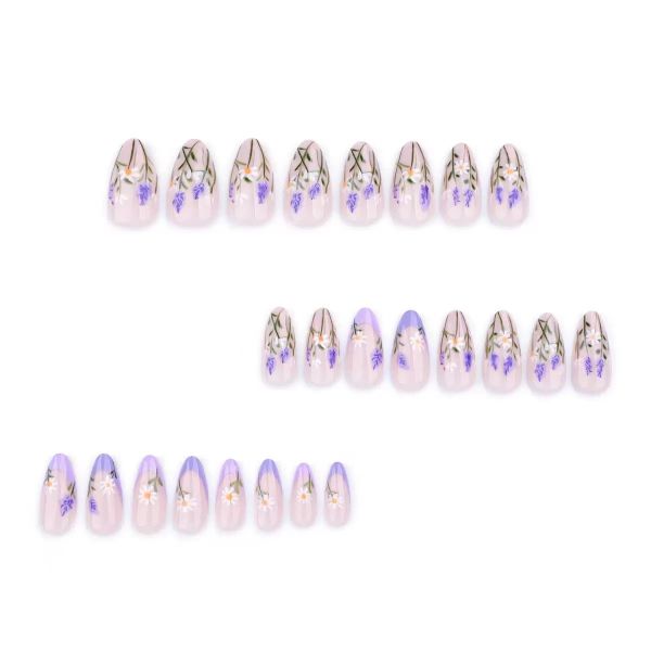 French Daisy Flower Purple Nail Art Almond Shaped False Nails