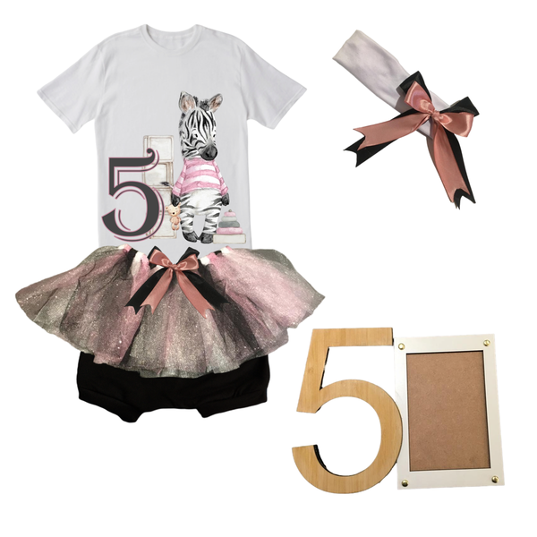 5th Birthday-Zebra Pink Tutu Outfit-Short Sleeve With Photo Frame / 5