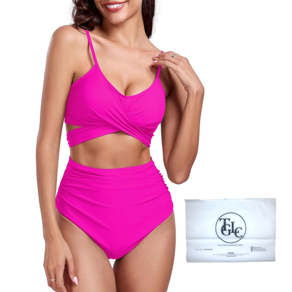 Women's High Waisted Bikini Set - Wrap Top and Tummy Control - Zipper Pouch