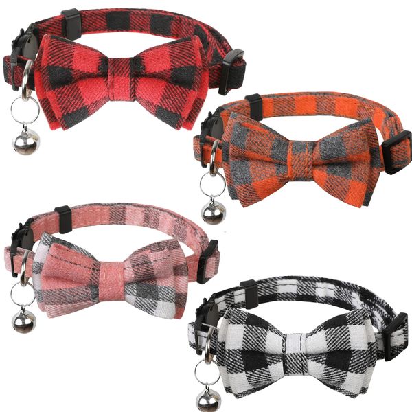 4 Cat Collars Cute Plaid Bow Tie Kitty Collars with Bell for Girl Boy Cats