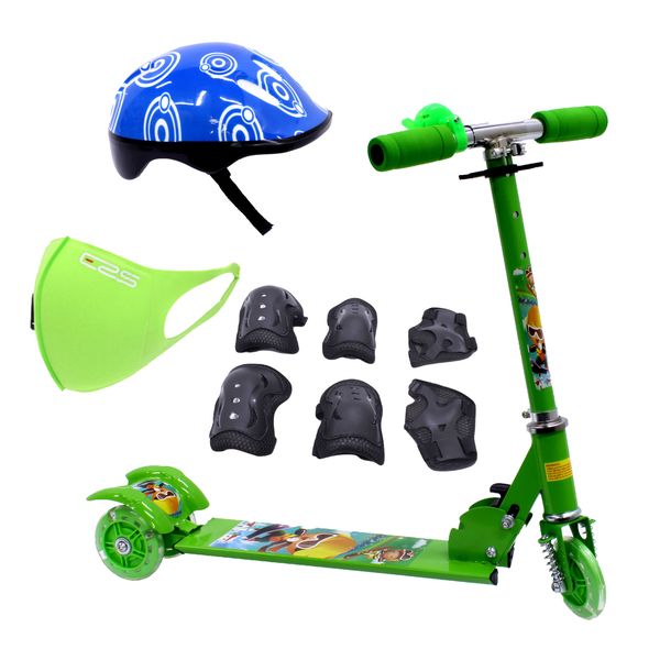 Scooter 3Wheeled-Folding-Light Up Wheel-Helmet &amp; Protective Gear Kit-Green