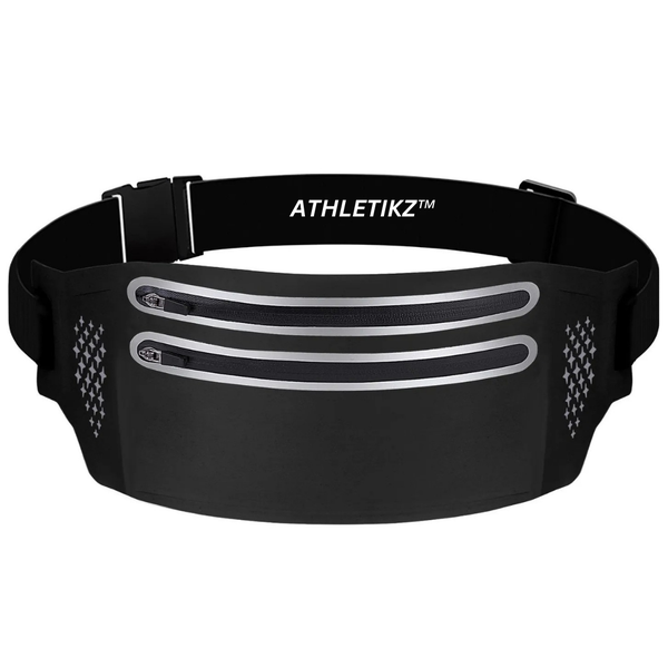 Athletikz Running Waist Pack/Belt - Waterproof Dual Zip Lycra Pouch - Black