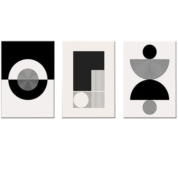 Canvas-Art-3 Pieces Black &amp; White Semicircular Vector Boho Wall Art