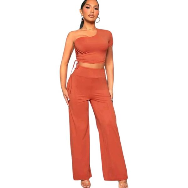 2 Piece Drawstring Crop Top &amp; Wide Legged Pants Orange