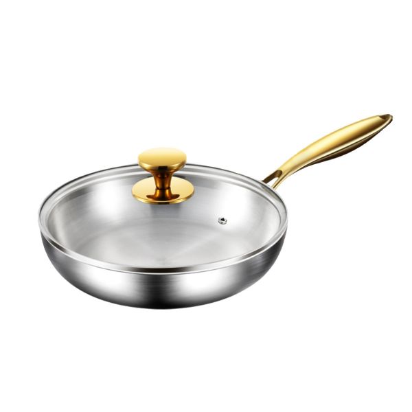 Stainless Steel Flat Bottomed Pan with Lid, Kitchen Cookware