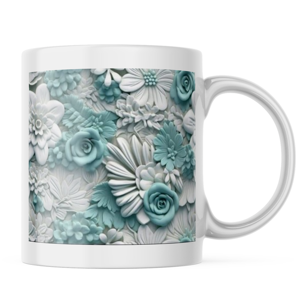 Ceramic 3D White and Blue Flower Mug - White - 11 OZ