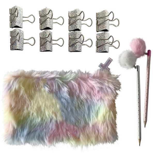 SOKHO Christian Inspired Fur Pencil Bag with Pom Pencils &amp; Glitter Clips