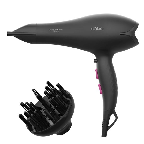 Solac Hair Dryer AC Motor Plastic Black 3 Heat Settings 2400W