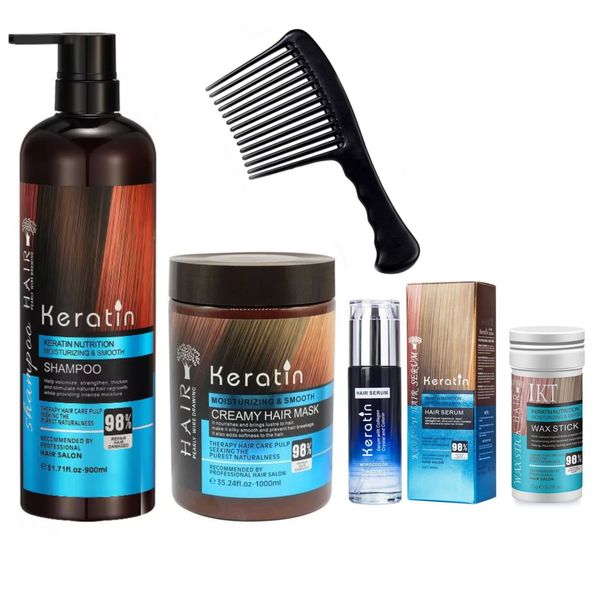 Keratin Shampoo Mask Serum Wax Stick Comb Anti- Breakage Hair Treatment Set