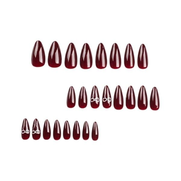 24 Almond Press On Nails With Silver Bow &amp; Rhinestone Details - Burgandy
