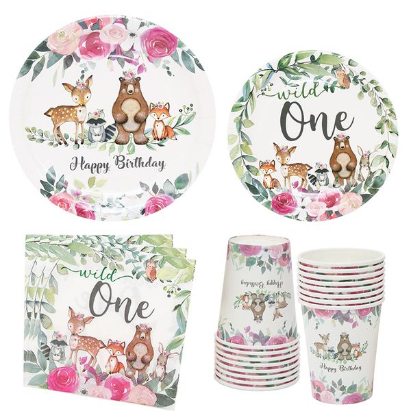 iKids Birthday Party Plates Cups and Napkins For 16 Guests -Woodland