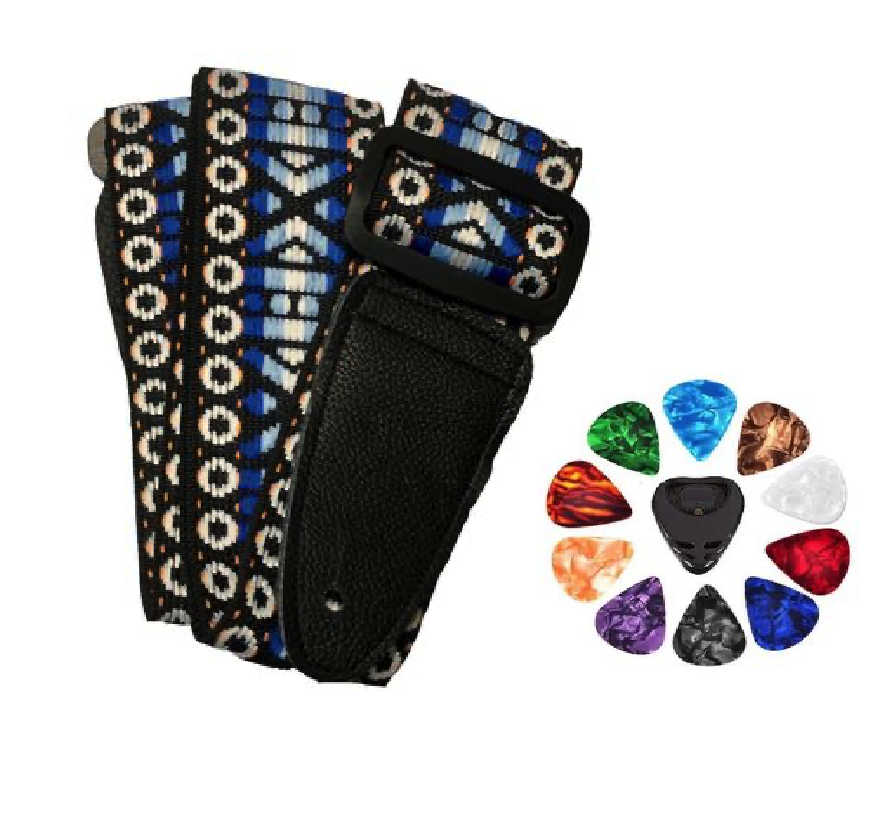 Guitar Strap African Style Blue With 3 Picks