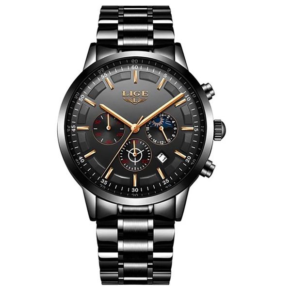 Lige Luxury Waterproof Stainless Steel Watch for Men - Full Black