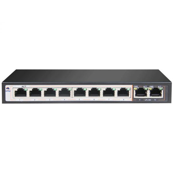 Scoop 10 Port Fast Ethernet Switch with 8 AI PoE Ports and 2 FE Uplink