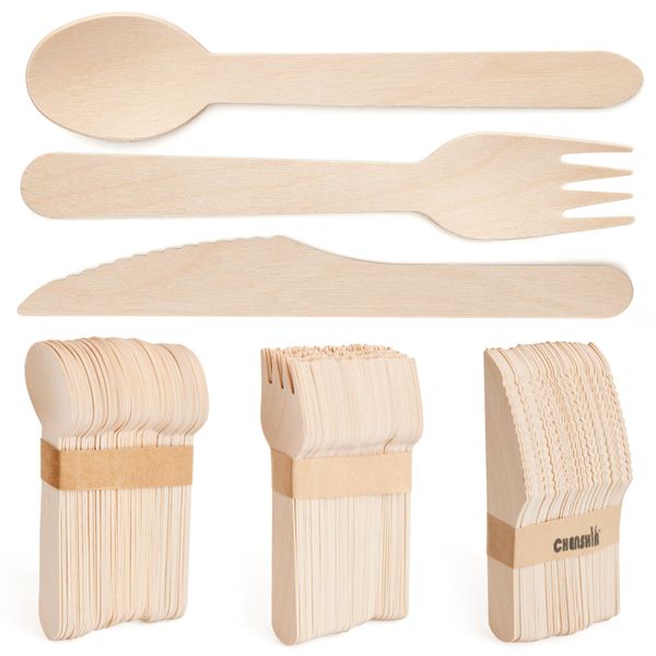 Chenshia 200 Piece Disposable Natural Wooden Cutlery Set Knife, Fork, and Spoon